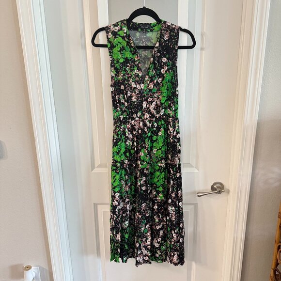& Other Stories Floral Print Sleeveless Tiered A-Line Midi Dress Green/Black 0 - Picture 1 of 4